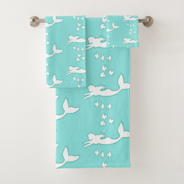 Mermaids Silhouette Pattern Teal Aqua Towel Set (Insitu)