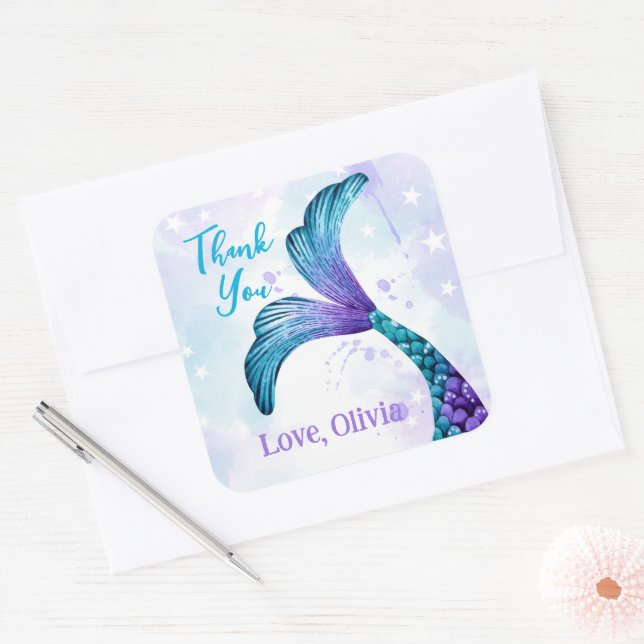 Mermaids Tail Thank You Birthday Party Square Sticker (Envelope)