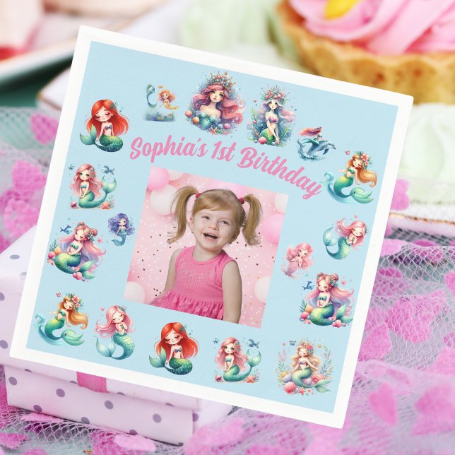 Mermaids Under the Sea Photo Kids Birthday Party Napkin (Creator Uploaded)