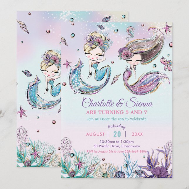Mermaids Under the Sea Twins Sisters Birthday Invi Invitation (Front/Back)