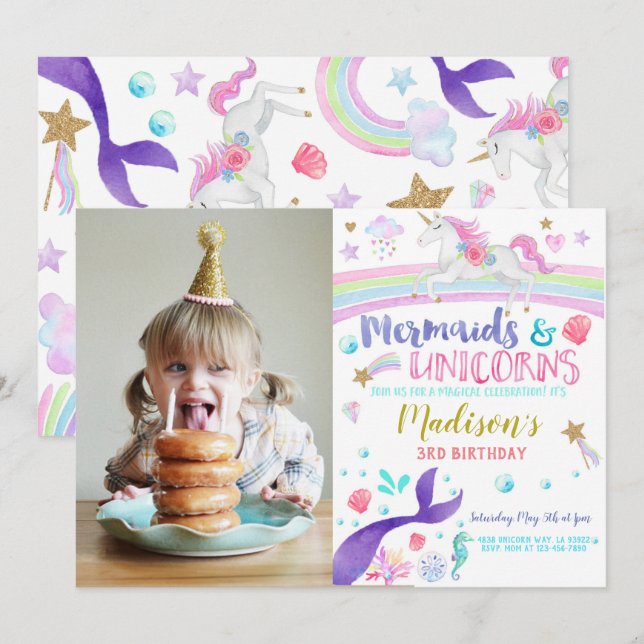 Mermaids Unicorns birthday party invitation (Front/Back)