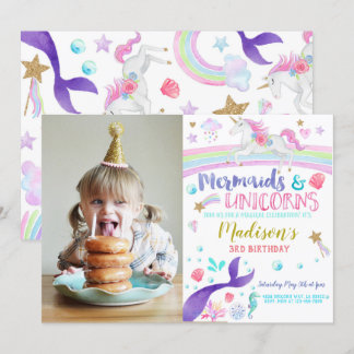 Mermaids Unicorns birthday party invitation