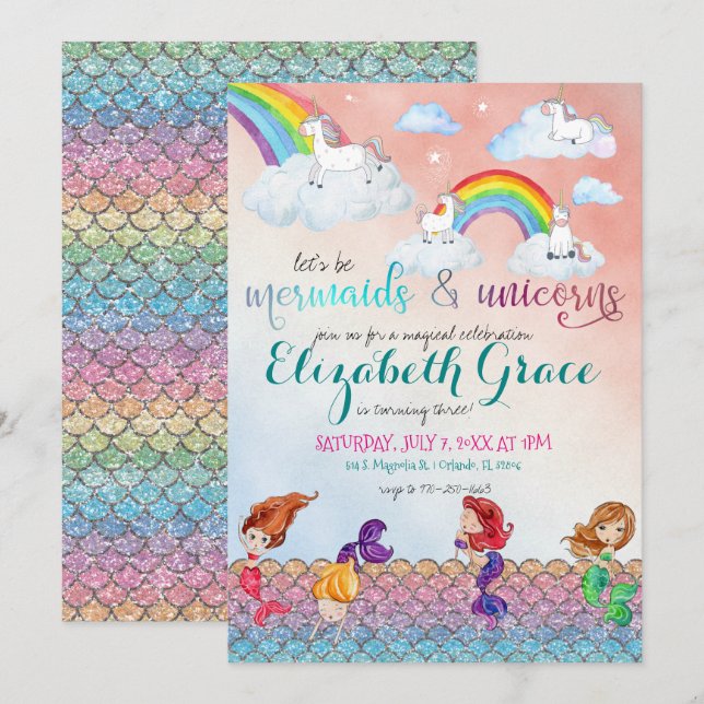Mermaids, Unicorns & Rainbows Party Invitations (Front/Back)