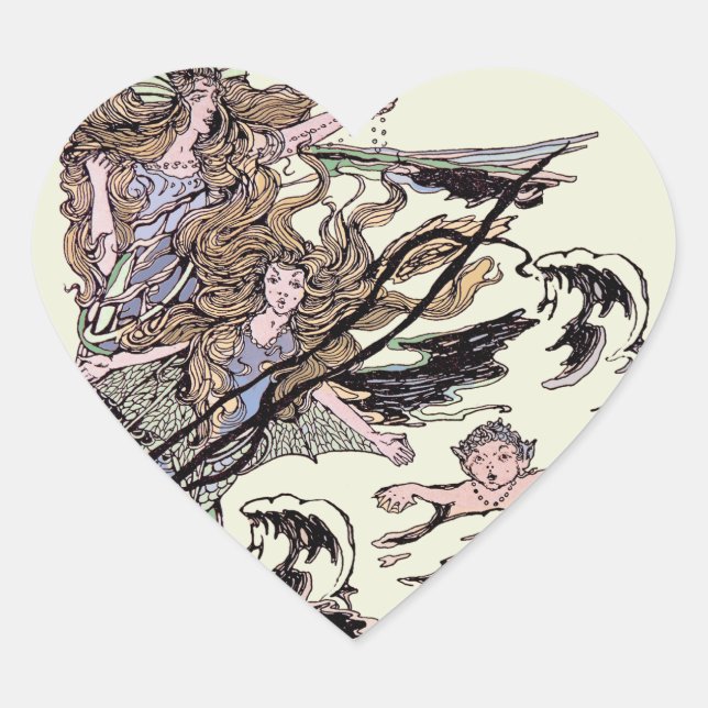Mermaids Vintage Victorian Illustration Heart Sticker (Front)
