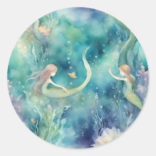 Mermaids watercolor art classic round sticker
