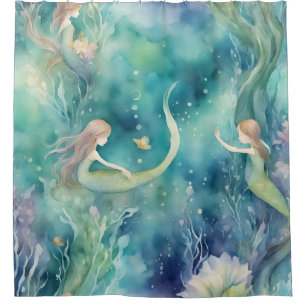 Mermaids watercolor art shower curtain