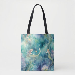 Mermaids watercolor art tote bag