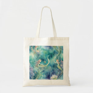 Mermaids watercolor art tote bag