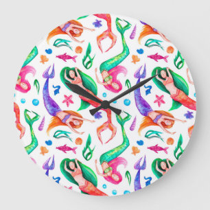 Mermaids Watercolor: Seamless Oceanic Pattern Large Clock