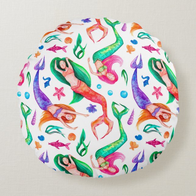 Mermaids Watercolor: Seamless Oceanic Pattern Round Cushion (Front)