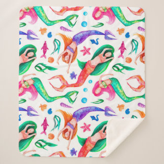 Mermaids Watercolor: Seamless Oceanic Pattern Sherpa Blanket