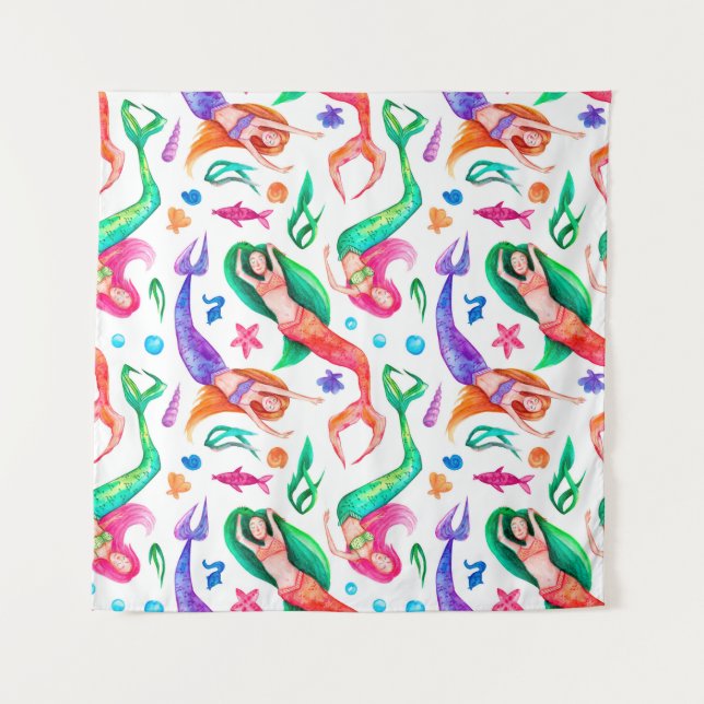 Mermaids Watercolor: Seamless Oceanic Pattern Tapestry (Front)