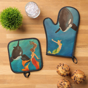 Mermaids with Orcas Oven Mitt & Pot Holder Set