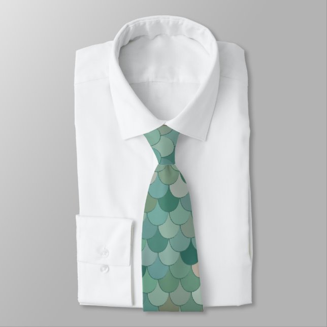 Merman Mermaid Scales Blue Patterned Tie (Tied)