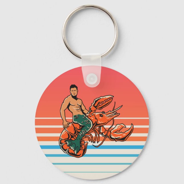 Merman Riding Lobster Button Key Ring (Front)