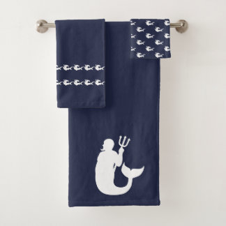 Merman sharks Bathroom Ocean blue &white Bath Towel Set