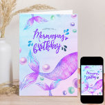 Mermazing Birthday Bright Mermaid Personalised Card<br><div class="desc">Mermazing Birthday card which you can personalise with a name and optional greeting inside. The front is lettered with "wishing you a mermazing birthday" in cool mermaid typography. Fantasy mermaid design with mermaid tails,  splashes and ocean bubbles in watercolor shades of pink purple and turquoise blue.</div>