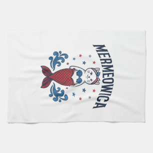 Mermeowica Patriotic Cat Mermaid Shirt Design_1 Tea Towel
