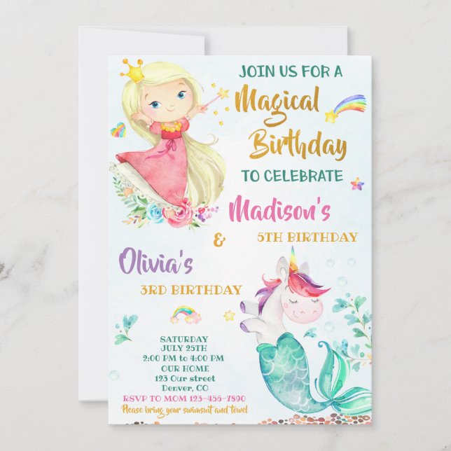 Mermicorn and Princess birthday invitation girls (Front)