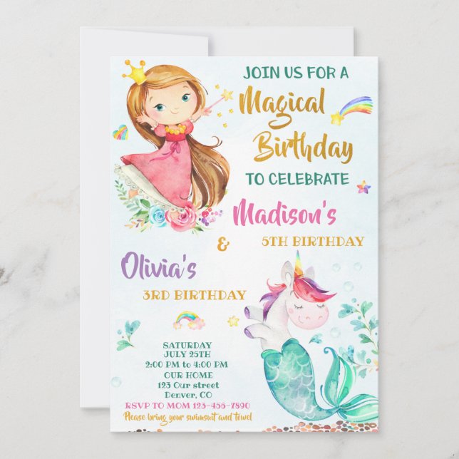 Mermicorn and Princess birthday invitation girls (Front)
