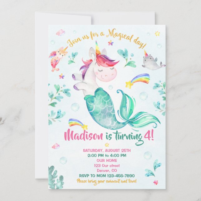 Mermicorn birthday invitation Girl Magical party (Front)