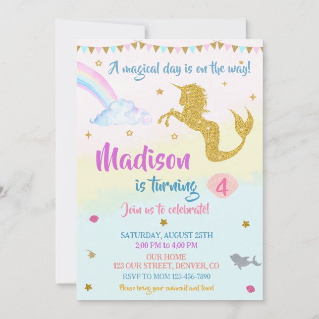 Mermicorn birthday invitation Girl Magical party (Front)