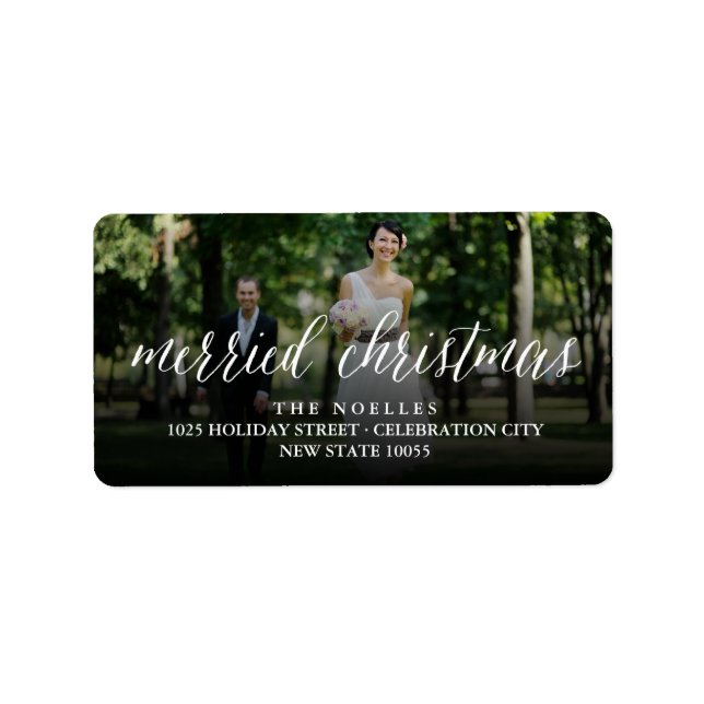 Merried Christmas Mr And Mrs Photo Modern Wedding Label (Front)