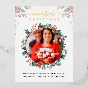 Merrier Christmas Pregnancy Baby Reveal Gold Foil Holiday Postcard