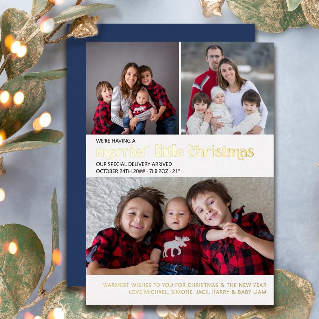 Merrier Little Christmas 3 Photo New Baby Gold Foi Foil Holiday Card (Creator Uploaded)