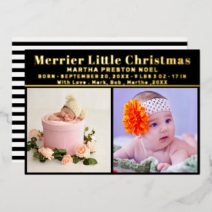 Merrier Little Christmas 3 Photo New Baby Gold  Foil Holiday Card