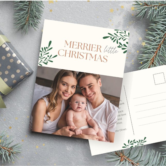 Merrier Little Christmas One Photo Greenery Lined Holiday Postcard (Creator Uploaded)