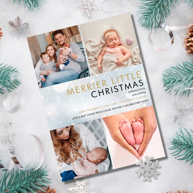 Merrier Little Christmas Snowflakes Photos Birth Holiday Card (Creator Uploaded)