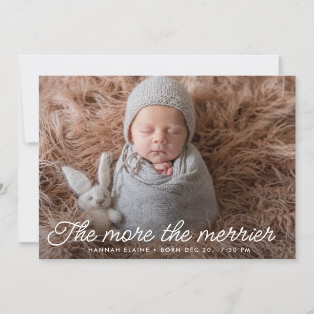 Merrier Script Holiday Birth Announcement Card (Front)