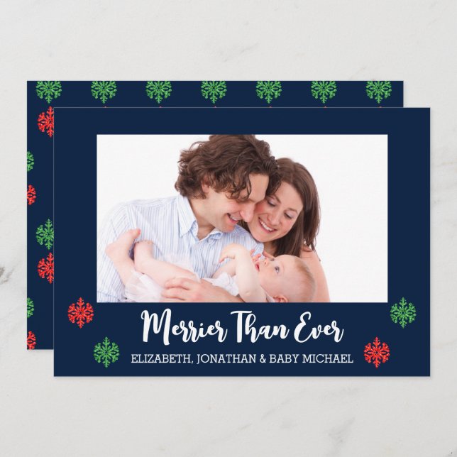 Merrier Than Ever New Baby Photo Snowflake Holiday Card (Front/Back)