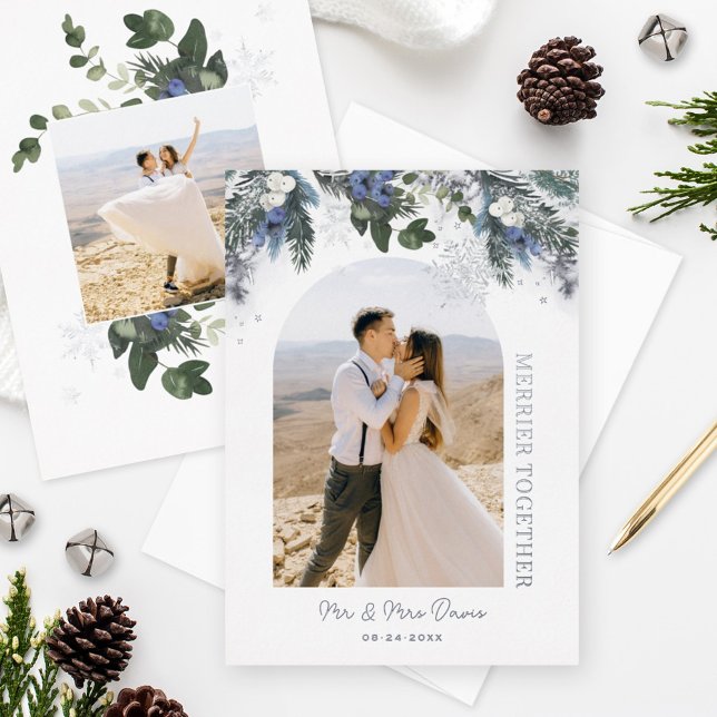 Merrier Together Blue Winter Greenery Photo Foil Holiday Card (Creator Uploaded)