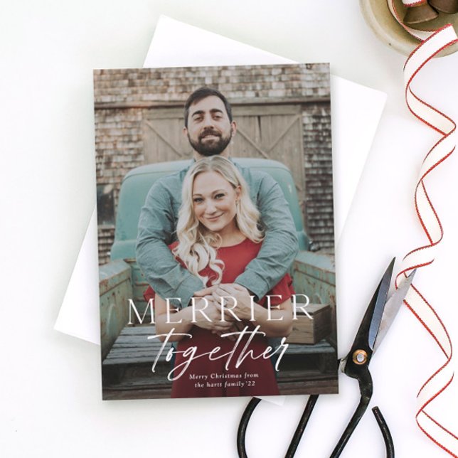 Merrier together full bleed photo Merry Christmas  Card (Creator Uploaded)