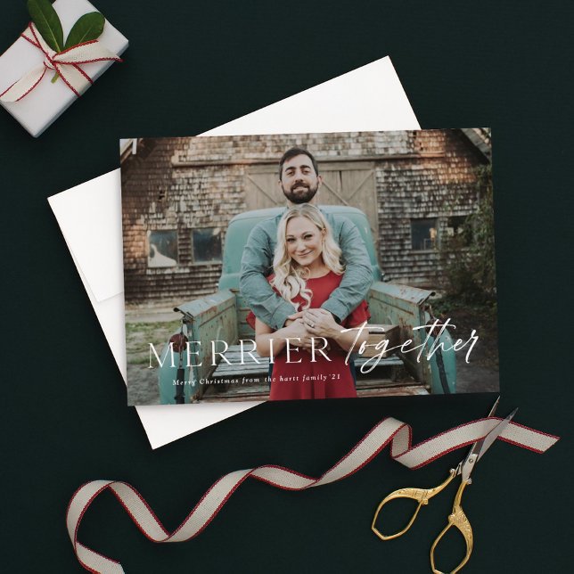 Merrier together full bleed photo Merry Christmas Card (Creator Uploaded)