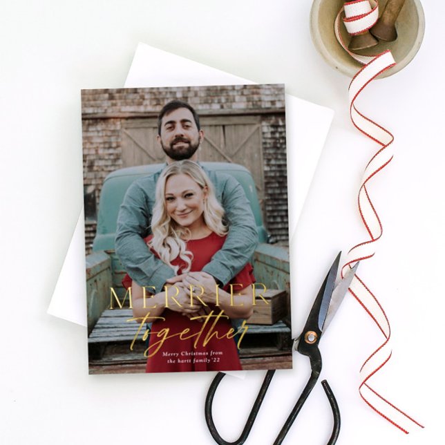 Merrier Together Merry Christmas Photo Gold Foil Holiday Card (Creator Uploaded)