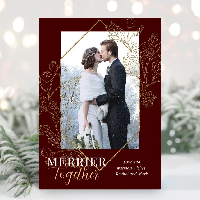 Merrier Together Newlywed Christmas Photo Burgundy Holiday Card (Creator Uploaded)