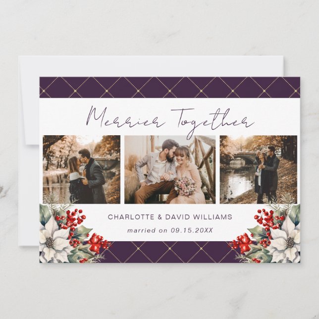 Merrier Together Purple Newlywed 3 Photo Botanical Holiday Card (Front)
