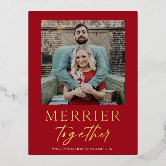 Merrier Together Script Photo Gold Foil Holiday Postcard (Front)