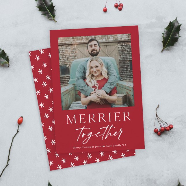 Merrier Together Script Photo Merry Christmas Card (Modern Red and White Merrier Together Script Photo Christmas Holiday Cards.)