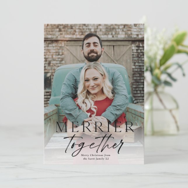 Merrier Together Script Photo Merry Christmas Card (Standing Front)