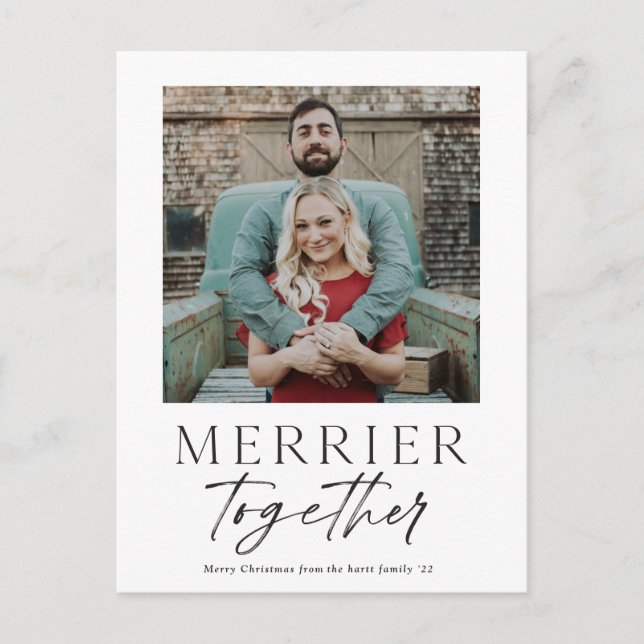 Merrier Together Script Photo Merry Christmas Holiday Postcard (Front)
