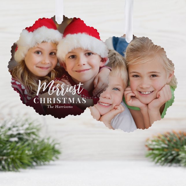 Merriest Christmas 2 Photos Holiday Tree Decoration Card (Share the love and warmth of the holiday season with a photo paper ornament card)