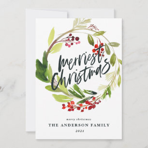 Merriest Christmas botanical wreath winter berry  Holiday Card