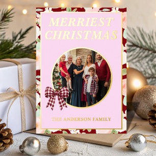 Merriest Christmas Burgundy Wildflower Photo Foil Holiday Card