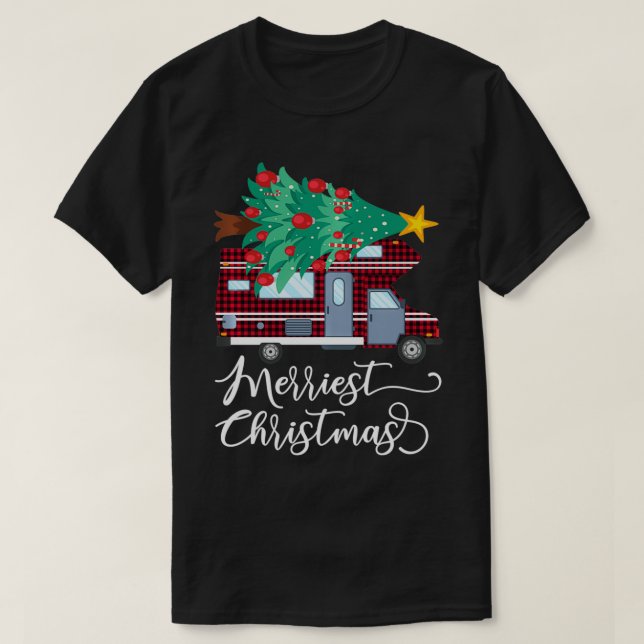 Merriest Christmas Camping Red Plaid Camper Xmas T T-Shirt (Design Front)