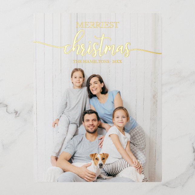 Merriest Christmas Chic Calligraphy Overlay Photo Foil Holiday Postcard (Front)