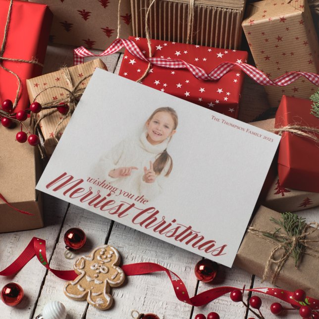 Merriest Christmas Chic Red Script Overlay Photo Holiday Card (Creator Uploaded)